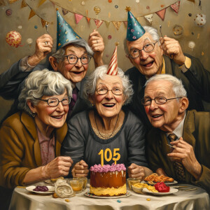 Create a realistic fine detailed picture of some friends celebra...