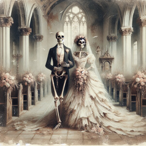 Skeleton bride and groom in an abandoned church, walking down th...