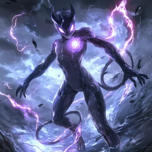 Design an image featuring Mewtwo, the Psychic-type Pokémon, in a...