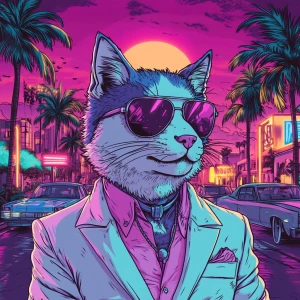 A pastel-colored Shiba cat in a Miami Vice outfit – white suit,...