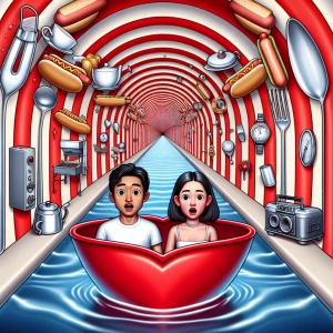 Cartoon. A creepy long tunnel of love. A couple is floating in w...