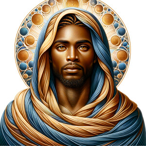 Create a beautiful African-American Jesus Christ with Hazel, brown eyes and blue and gold robe