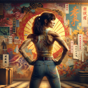 Athletic Thin skinny Attractive, Asian teenage girl, long brown hair and bangs, wearing tight skinny jeans and a halter top paint marks on her clothing, heroic pose Asian graffiti background, backside view