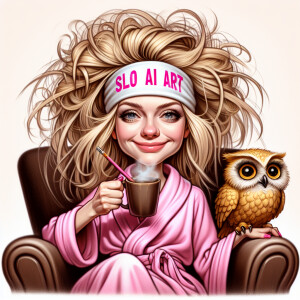 A caricature image of a blonde woman with wild, long, messy hair...