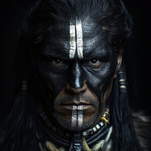 A native american indian with intricate black facial paint, feat...