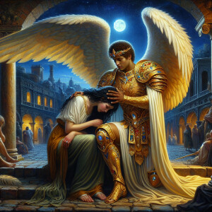 Create an oil painting image featuring a male angel and a grievi...