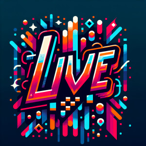 Create a sign graphic with the word "LIVE," designed in a dynami...