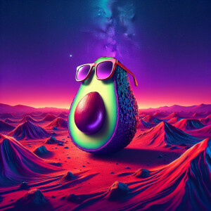 Purple avocado wearing sunglasses on Mars