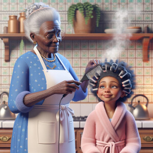 Create a realistic 3-D image of an african-American grandmother wearing a blue house dress and a white apron . She is in the kitchen with her african-American granddaughter. Her granddaughter is wearing a pink bath robe. The grandmother has a hot comb in her hand and she is straightening her granddaughters hair. One side of her granddaughters hair is in  a Afro the other straight 
There is smoke coming from the hot comb
The granddaughter is making a face