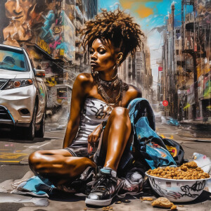 ink wash: City Sidewalk landscape, a Beautiful African American...