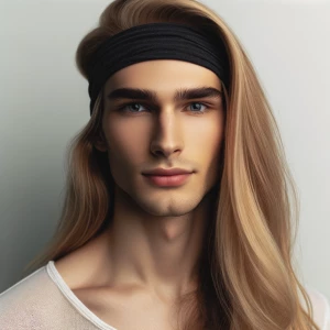Femboy with long blonde hair, black headband