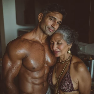 Realism photo painting.a muscular sweaty indian man standing b...