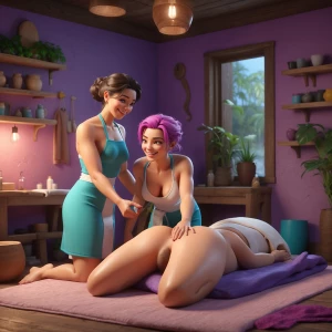 Happy ending masseuse finishing up a client.