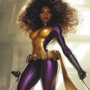 A wide camera angle of a superheroine that stands with commandin...