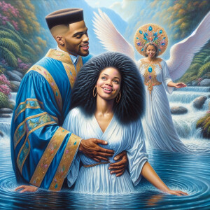 An oil painting depicting a light-skinned African-American pasto...