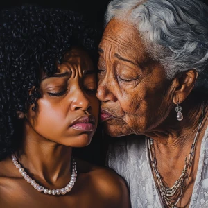 An emotional moment between two African American women, one younger and one older, depicted in a hyper-realistic style. The younger woman has curly black hair, while crying, showing deep sorrow and vulnerability. The older woman, with gray hair and deep wrinkles, gently kisses her on the cheek, providing comfort and love in a maternal way. Both are wearing pearl necklaces, and the scene captures a powerful sense of emotional connection and empathy. The lighting is soft, highlighting their rich, dark skin tones and the intricate details of their expressions."