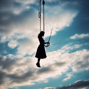 On a giant fishing hook being lowered from the sky