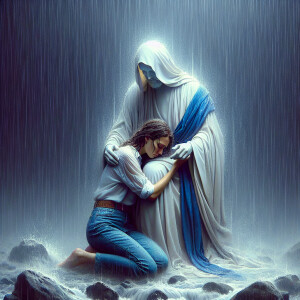 Craft a poignant scene where Jesus Christ, dressed in a white ro...