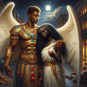 Create an oil painting image featuring a male angel and a grievi...