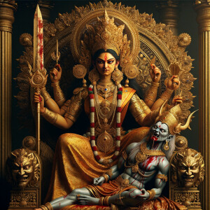 portrait of angry looking muscular goddess durga sitting on a go...
