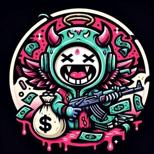 Design a cartoon-style circular logo featuring a cheeky demon we...