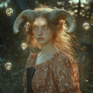 Capture a hyper-realistic portrait of a young Aries female hybri...