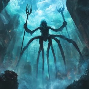 Create an image of an alien girl with eight legs, each holding a...