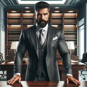 Create a detailed portrait of a muscular, bearded lawyer exhibit...