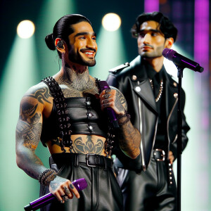 a man on stage holding a purple microphone in a black leather cr...