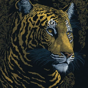 Generate an image in the distinctive Art Nouveau style of Gustav Klimt, highlighting a regal frontal view of a tiger, intricately adorned with Klimt's characteristic use of gold leaf and elaborate patterns.