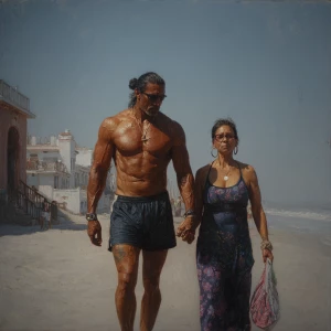 hyperrealism photoreal painting.a muscular sweaty villain man, w...