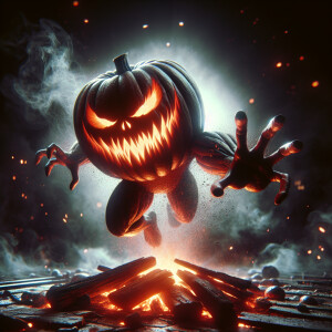 a hyper-realistic portrait of a jumping evil pumpkin, lunging to...