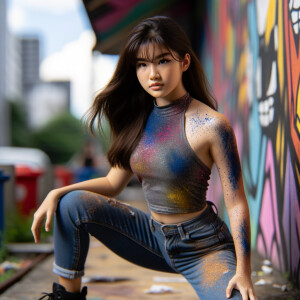 teenage girl, long brown hair and bangs, wearing tight skinny jeans and a halter top paint marks on her clothing, heroic pose Asian graffiti background, nearing on one knee