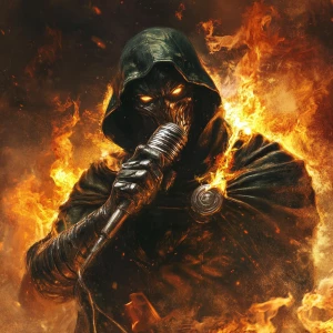 A menacing hip hop MC metallic Doom type of marvel character wra...