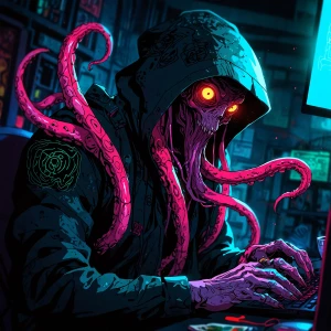 In the dimly flickering glow of a cyber-infested satellite, a my...