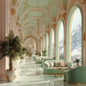 A hyperrealistic palace corridor bathed in sunlight, with pastel...