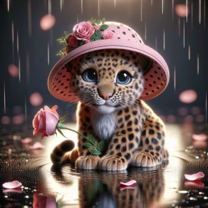 a detailed, realistic scene featuring an adorable baby leopard w...