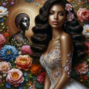 Visualize a stunning bride with a rich blend of african-American Latino heritage, her skin glowing with a soft, warm hue. Her elegant gown, a masterpiece of design, is intricately adorned with sparkling jewels that catch the light with every movement, creating a mesmerizing effect. Her long, wavy dark hair frames her face beautifully, enhancing her radiant beauty. Behind her, the backdrop is alive with an explosion of colorful flowers, each petal and leaf adding vibrancy to the scene. Amidst this floral abundance, the serene face of a brown Jesus is subtly integrated into the background, bestowing a sense of divine grace and tranquility to the composition. This image captures a moment of exquisite beauty, spiritual depth, and the celebration of love. Face of a African-American Jesus should be in the background.