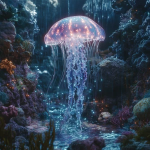 Cinematic film still. A bioluminescent jellyfish drifts through...