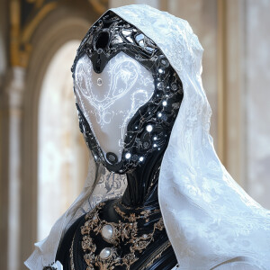 An ethereal cyborg emanating a white, glowing sheen. It appears...