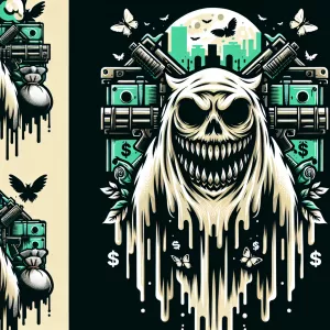 Create a bold horror themed cartoon smiley ghostface mascot logo...