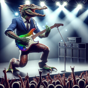 Man-Crocodile Hybrid Playing Heavy Metal Music On his electric g...