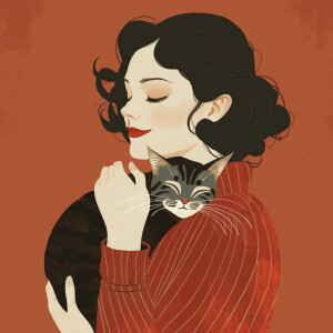 An erté type of drawing with the woman holding a cat