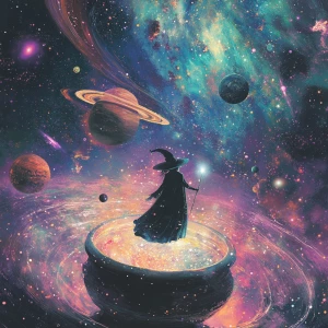 Create a 2.5D image featuring an alien witch floating above a lu...