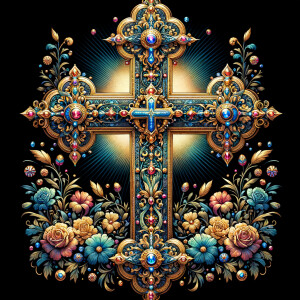 Create an image of a majestic cross, larger in size, with a harm...