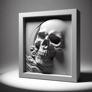 Evil skull, grayscale 3d bas relief, soft diffused lighting ligh...