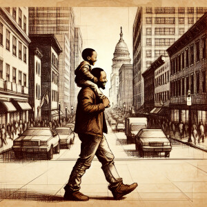 Black man with his 4yr old son on his shoulder walking down a ci...