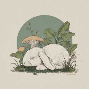 Calm white rabbit curled up, mushroom roof, hand-drawn line art,...