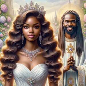 Create a 3-D realistic oil, painting of a beautiful African-American bride. She has long flooring, wavy hair and her gown has beautiful jewels around the neckline. in the background there is a beautiful African-American Jesus Christ with long dreadlocks, and he is smiling. He is very handsome pastel flowers throughout the image.