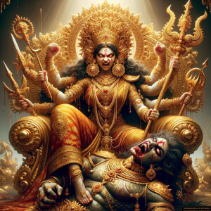 portrait of angry looking goddess durga sitting on a gold crown and carrying a weak mahishasur on her lap and stabbing him with her amazingly designed trident. She is wearing gold armor, a huge gold crown, gold saree, abundant  gold jewelry, covered in blood. The scene is set in ancient India. The image is 8K resolution, cinematic, ultra detailed face and epic.